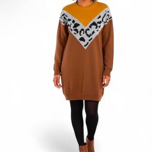 Cupshe Brown Sweater Dress with Leopard Print
